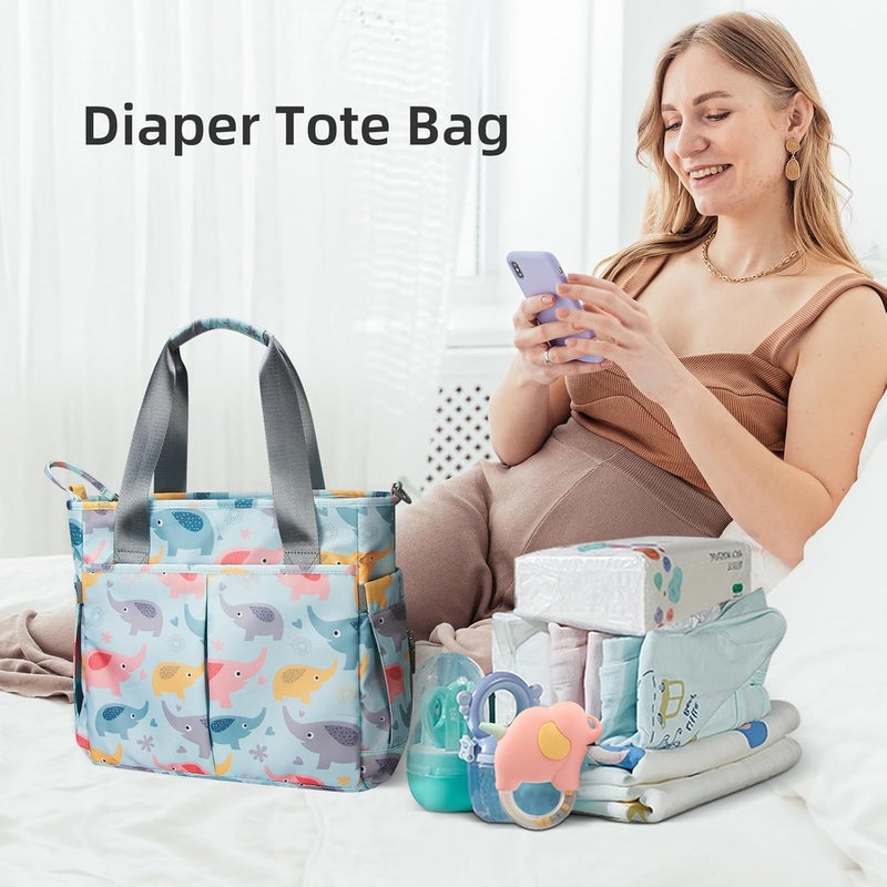 PHEBEN Store Diaper Bag Tote Satchel Waterproof Messenger Baby Diaper Bags for Mom and Dad Multifunction Medium Travel Tote Bags (Blue Elephant) - Image 2